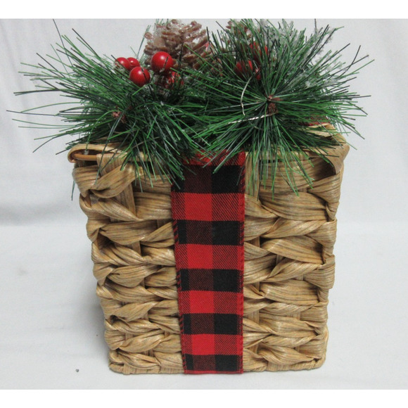 Christmas Gift Present Rattan Box Light Up Cardinal Buffalo Plaid Pinecones 6x6 - Picture 4 of 8